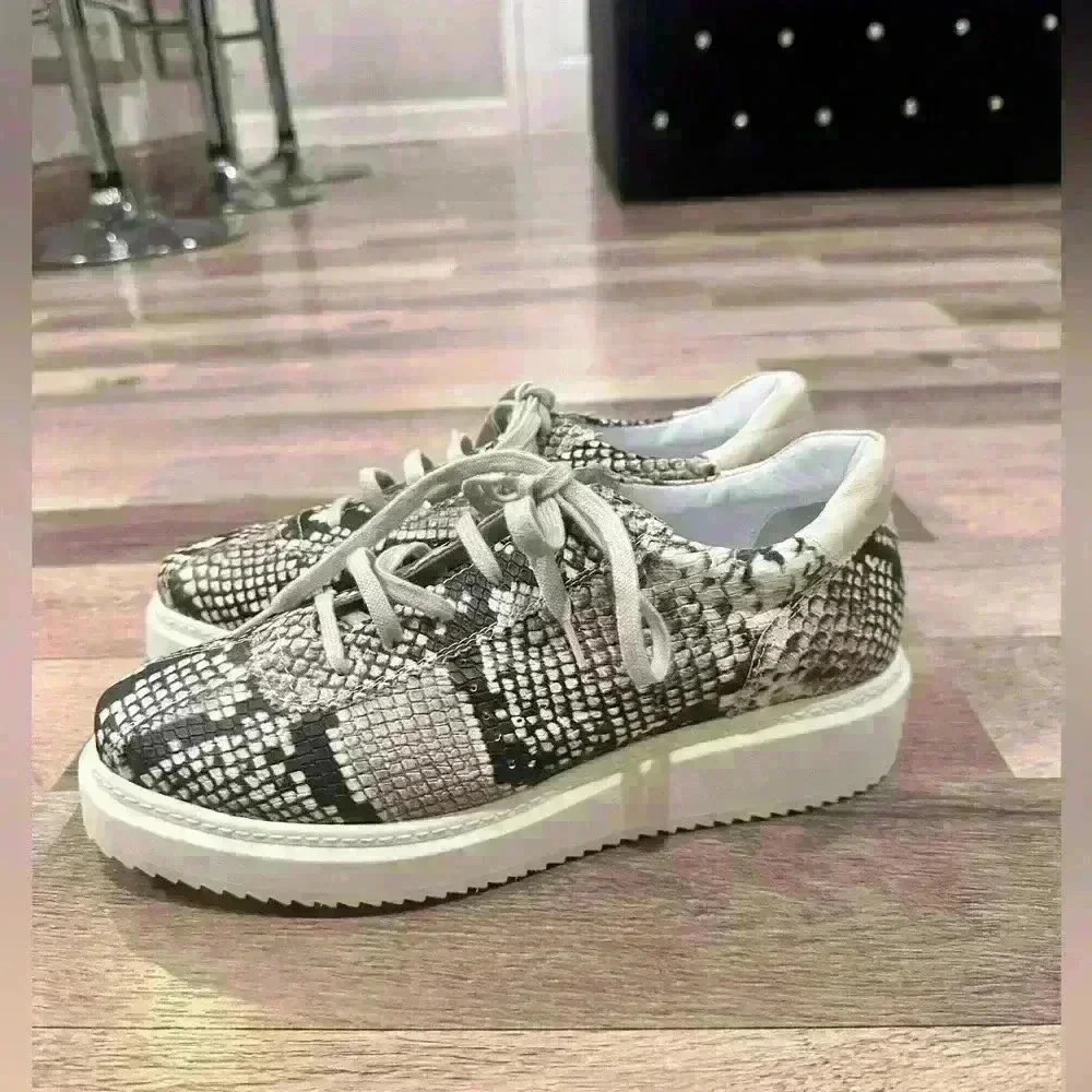 Women's Snake-Print Lace-Up Platform Sneakers - Gray